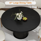 IDEALHOUSE 47" Round Dining Table for 4-6, Modern Farmhouse Kitchen Table | Wooden Accent Furniture with 2-Layer Storage Shelf & Drawer, Circle Dining Tables with Fluted Pedestal Base, Black