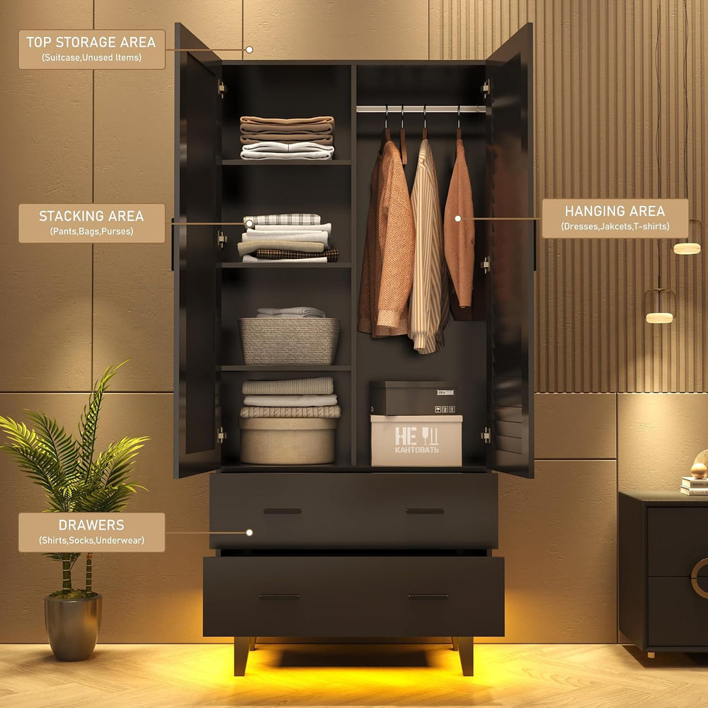 Hlivelood 2 Door Armoire Wardrobe Closet Cabinet with Mirror, Drawers and LED...