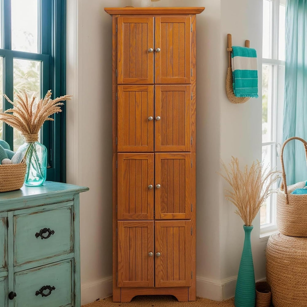 72" H Farmhouse Corner Storage Cabinet with 4 Shelves & 8 Doors, 4 T...