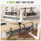 [Upgraded] 2 Pack Cable Management Under Desk Tray, Xpatee 27.6" No Drill Open Slots Cable Management Tray, Cord Wire Organizer Box with Clamp for Table Thickness up to 3" - No Desk Damage(Black)