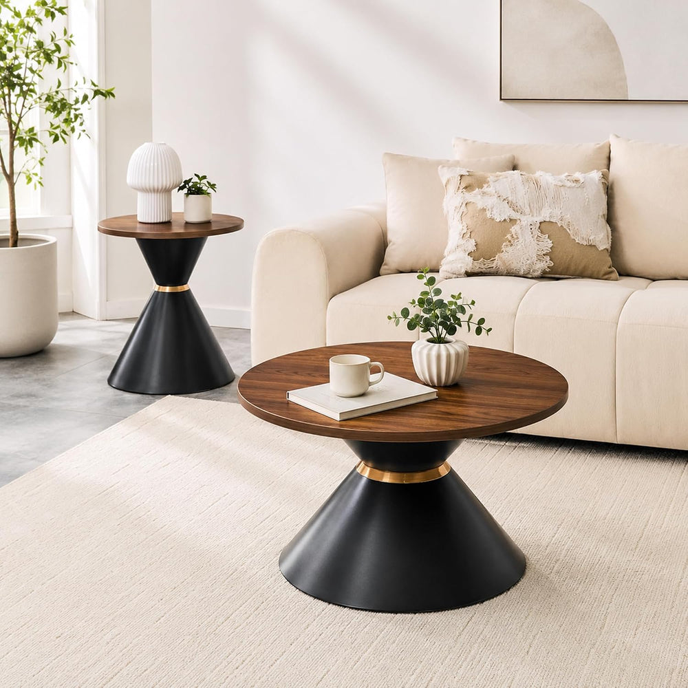 Round Coffee Table Set, Walnut Textured Top with Metal Base, Living Room &amp...