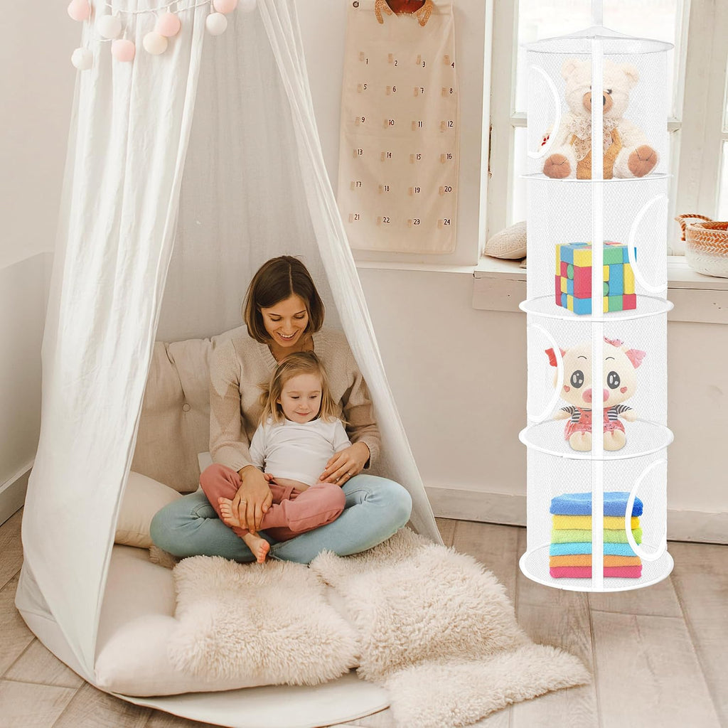 Libeder Mesh Hanging Storage Space Saver Bags Organizer,Foldable Storage Organizer 4 Compartments Toy Storage Basket for Kids Room Bathroom 2 Sets, White