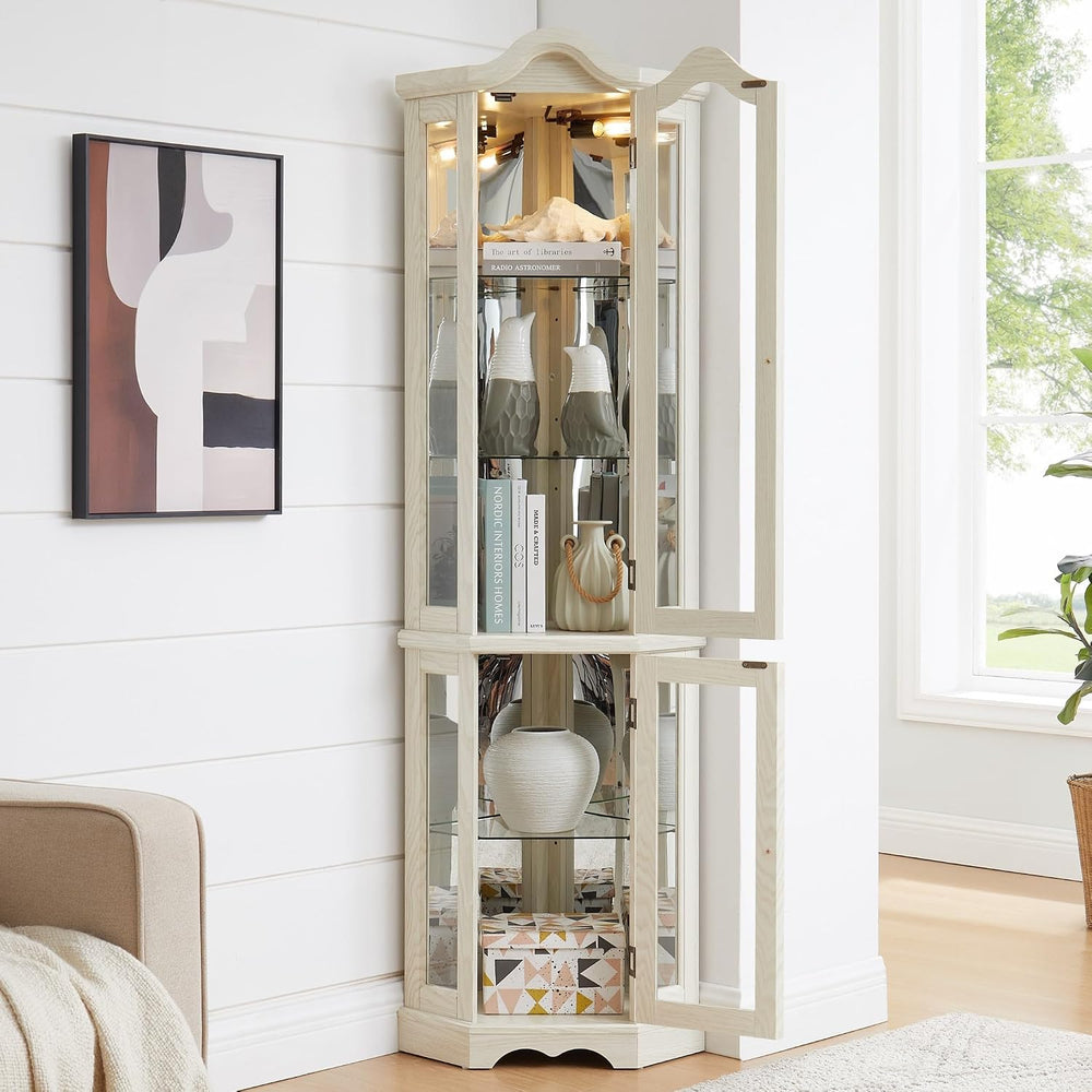 Lighted Corner Curio Cabinet 70.5" Tall Wooden China Cabinet with Temper...