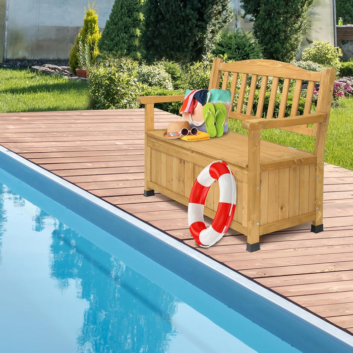 Fir Wood Outdoor Storage Bench, 2-Seater High Backrest Patio Loveseat with Armrest, Large Waterproof Deck Storage Box, Multipurpose Weather Resistant Organizer Bench