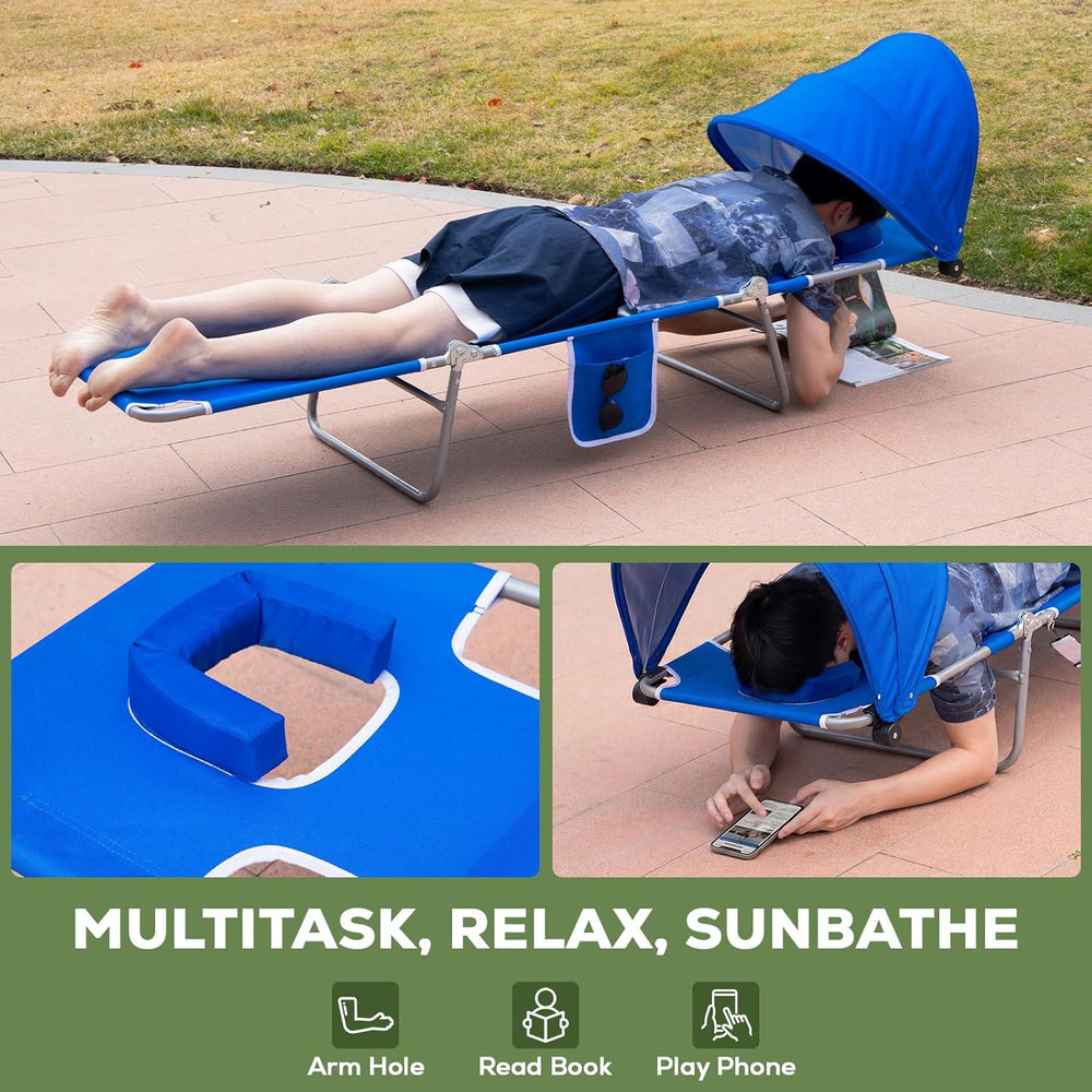 2PK Face-Down Tanning Beach Chair with UPF 50+ Canopy, Adjustable Folding Sun...