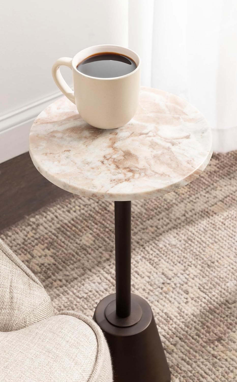 Kate and Laurel Tira Elegant Round Drink Table, 10 x 10 x 22, Brown Marble an...