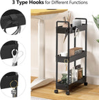 SOLEJAZZ Slim Rolling Storage Cart with Wheels 3 Tier Skinny Bathroom Storage Organizer Thin Laundry Room Utility Cart Space-Saving for Bedside Kitchen Office Small Narrow Places, Black