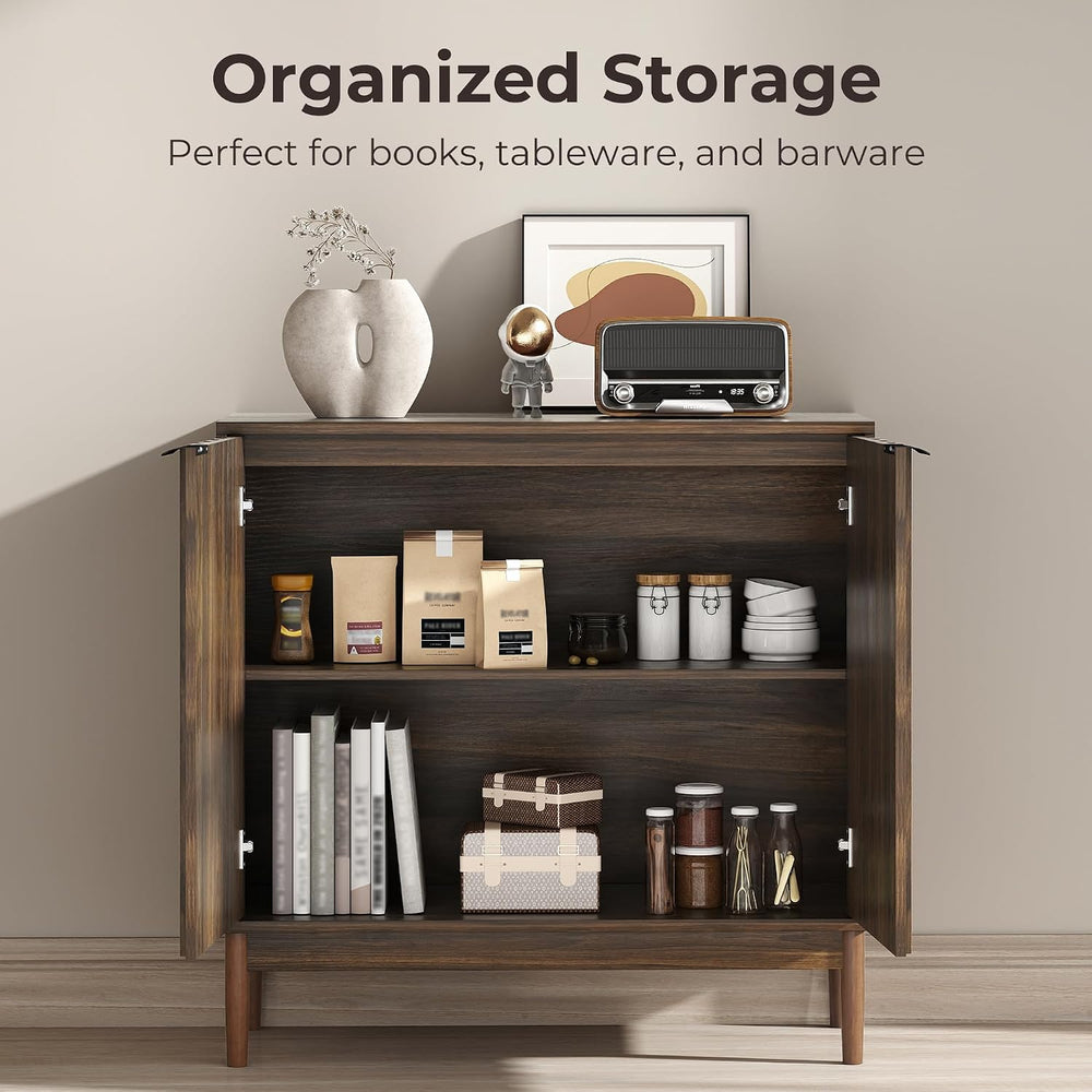 Fluted Buffet Cabinet with Storage, Small Accent Cabinet, Brown