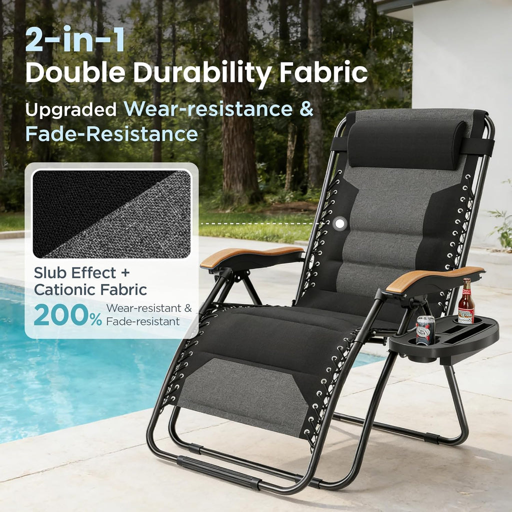 PHI VILLA XXL Oversized Padded Zero Gravity Chair, Foldable Patio Recliner, 30" Wide Seat Anti Gravity Lounger with Cup Holder, Support 400 LBS (Black)