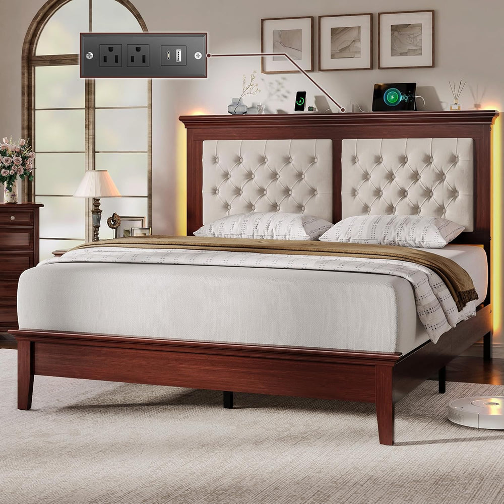 Lifezone Solid Wood Queen Bed Frame 41.5” Tall Diamond-Tufted Upholstered Hea...