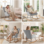 Furniliving Nursery Rocking Chair Modern Armchair Upholstered Glider Rocking Chair Nursery Chair Reading Chair with High Backrest Solid Wood Base for Bedroom, Living Room, Grey, Waterproof Velvet