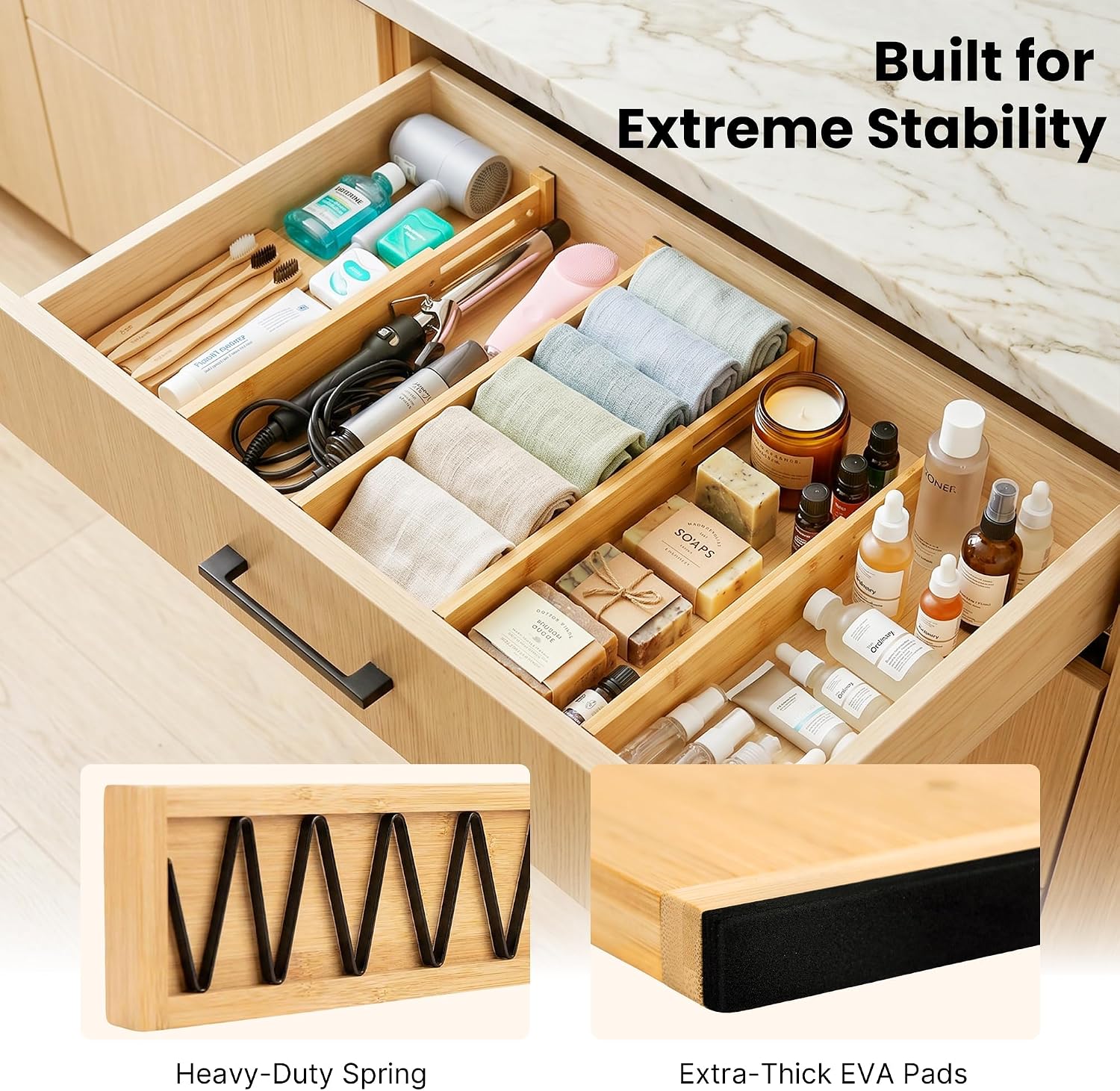 4 Pack 2.36" Bamboo Drawer Dividers, 17-22" Expandable Kitchen Organizers | Adjustable Spring-Loaded Tension Separators with Foam Pad for Clothes, Utensils, Kitchen, Dresser, Nursery & Bathroom