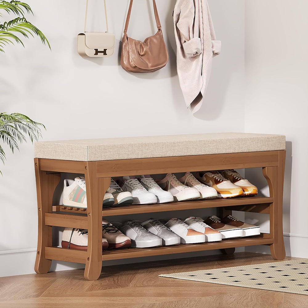 PETKABOO 39.4" Shoe Storage Bench with Cushion, Bamboo Shoe Rack Bench, ...