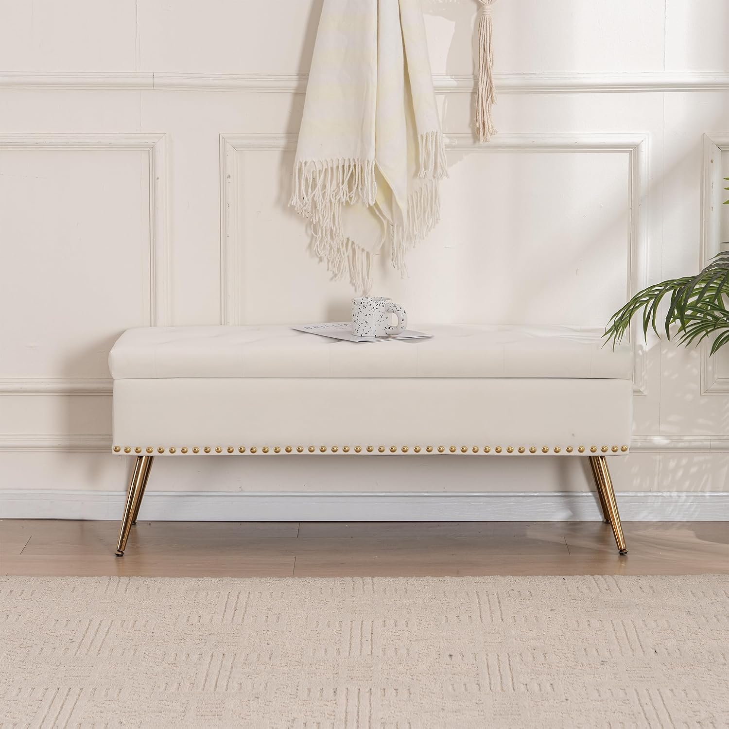 46" Ivory White Velvet Storage Bench with Gold Legs Nailhead Trim | Tufted Ottoman, End of Bed Bench, Upholstered, For Bedroom/Living Room/Window/Entryway/Dining Bench, Modern, Rectangle