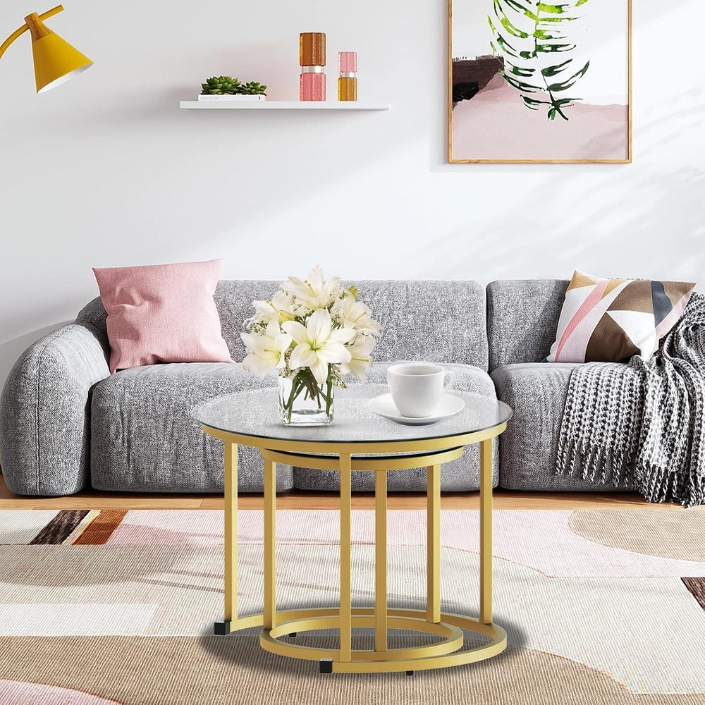 aboxoo Gold Nesting Coffee Table Set of 2, Small Glass Round Nesting Tables f...