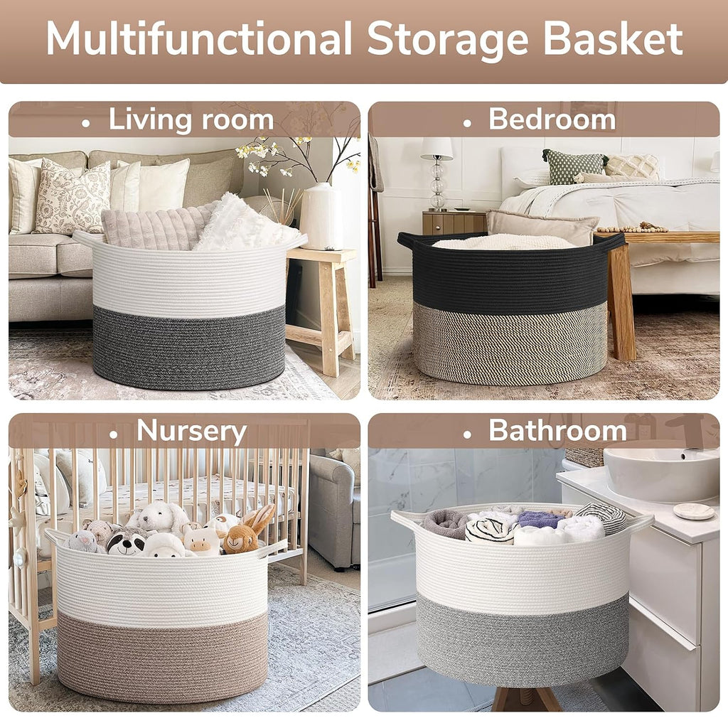 Goodpick 115L Extra Large Blanket Basket, Kids Toy Storage for Nusery Room | 23.5 x 23.5 x 15.8 In Woven Basket for Storage, Kids Toy Storage for Playroom, Laundry Basket for Towels, Black & Mix Jute