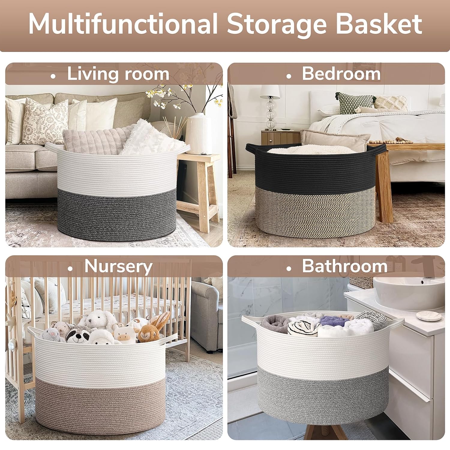 Goodpick 115L Extra Large Blanket Basket, Kids Toy Storage for Nusery Room | 23.5 x 23.5 x 15.8 In Woven Basket for Storage, Kids Toy Storage for Playroom, Laundry Basket for Towels, Black & Mix Jute