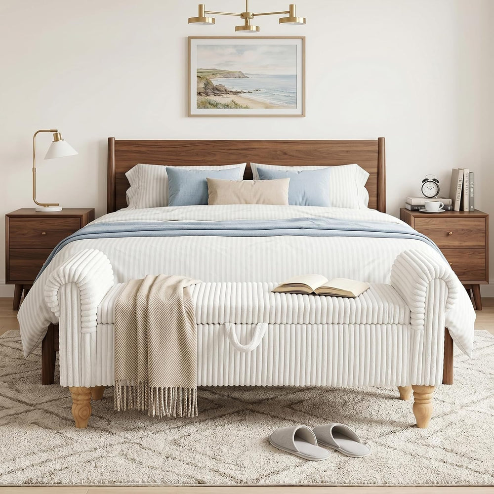 55" Storage Ottoman Bench, Corduroy End of Bed Bench for Bedroom, White ...