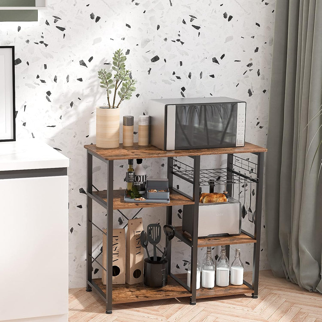 DlandHome Kitchen Bakers Rack with Storage Stand for Kitchen, Industrial Kitchen Baker's Rack, 35.4 inches Microwave Oven Stand, 3-Tier+4-Tier Utility Storage Shelf with Hooks and Basket Rustic Brown