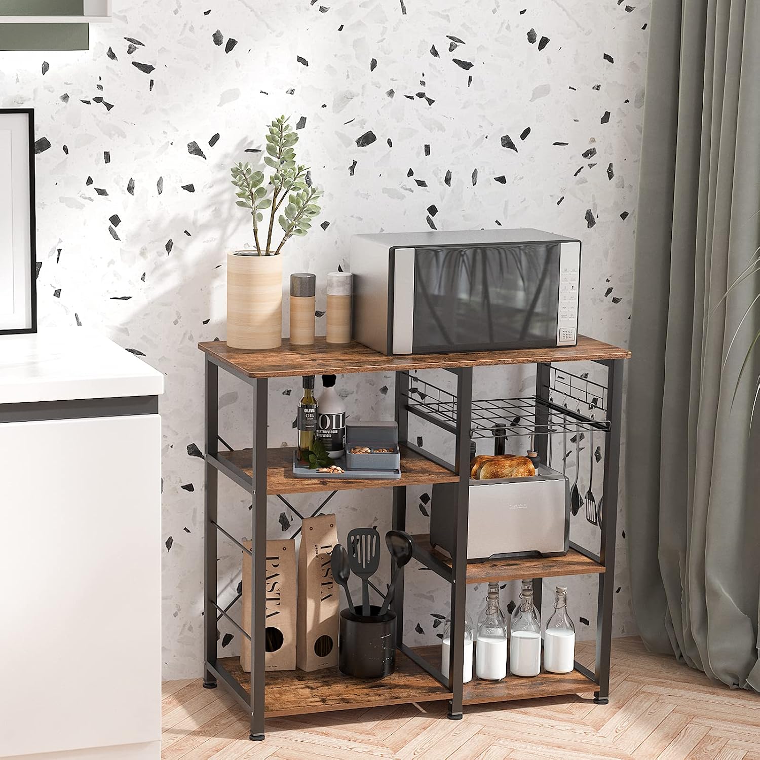 DlandHome Kitchen Bakers Rack with Storage Stand for Kitchen, Industrial Kitchen Baker's Rack, 35.4 inches Microwave Oven Stand, 3-Tier+4-Tier Utility Storage Shelf with Hooks and Basket Rustic Brown