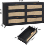 LEYAOYAO Rattan 6 Drawer Dresser for Bedroom Set of 2, Boho 54" Wide Black Dresser Chest of Drawers, Dressers TV Stand with Metal Handle, Storage Dressers Closet Organizer for Living Room, Hallway