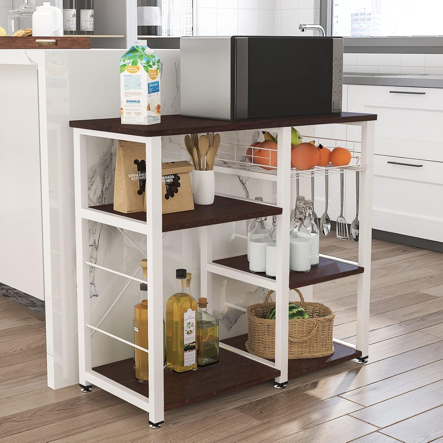 Kitchen Baker's Rack 3-Tier Microwave Oven Stand Kitchen Utility Storage Shelf with Hooks Multifunctional Workstation for Kitchen, Living Room and Corridor（Black