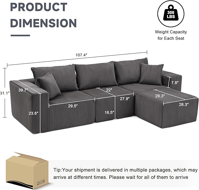 107.4" Cloud Couch Sectional, Modular Sofa with Deep Seat, Plush Corduroy L Shaped Boneless Couch, Convertible Sectional Couches for Living Room, 4Seat, Darkgrey