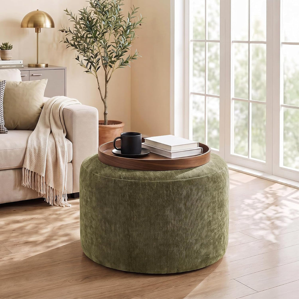 Upholstered Round Green Pouf Ottoman, Modern Footstool | Chenille Footrest wi...