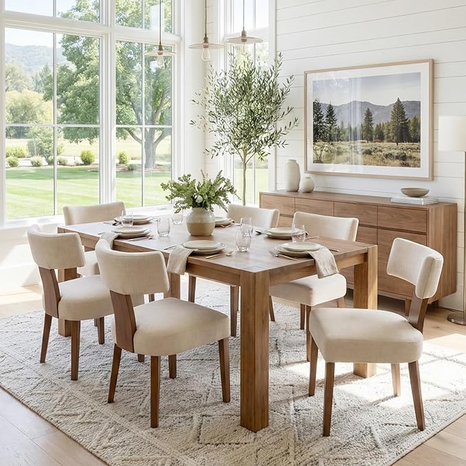 Mid Century Modern Dining Chairs Set of 4 Upholstered Linen Fabric Dining Chairs Curved Backrest Farmhouse Dining Room Chairs Kitchen Chairs with Wood Legs, Beige
