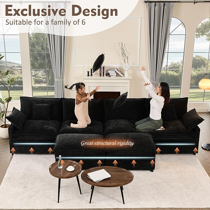 142.5" U Shaped Couch, Modular Sectional Sofa, 3-Seater Comfy Cloud Couch, Set of Modular Pieces with Movable Ottoman, Deep Seat Couches for Living Room, Chenille, Black