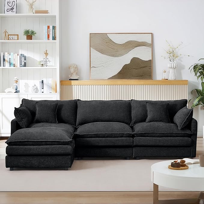Ball & Cast 3 Seater Modular L Shaped Sectional Sofa with Movable Ottoman and 4 Pillows,Comfy Cloud Couch W/Deep Seat,DIY Combination,Chenille Upholstered Sofa for Living Room,Apartment,Black,105"