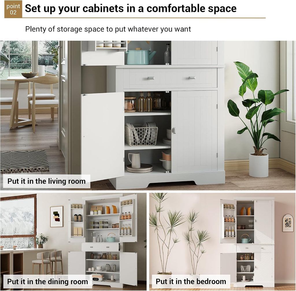 72 Inch Pantry Cabinet, Space-Saving Wood Kitchen Storage Cabinet with Drawer, Door Shelves & Adjustable Shelves, Modern White Cupboard for Dining Room Apartments