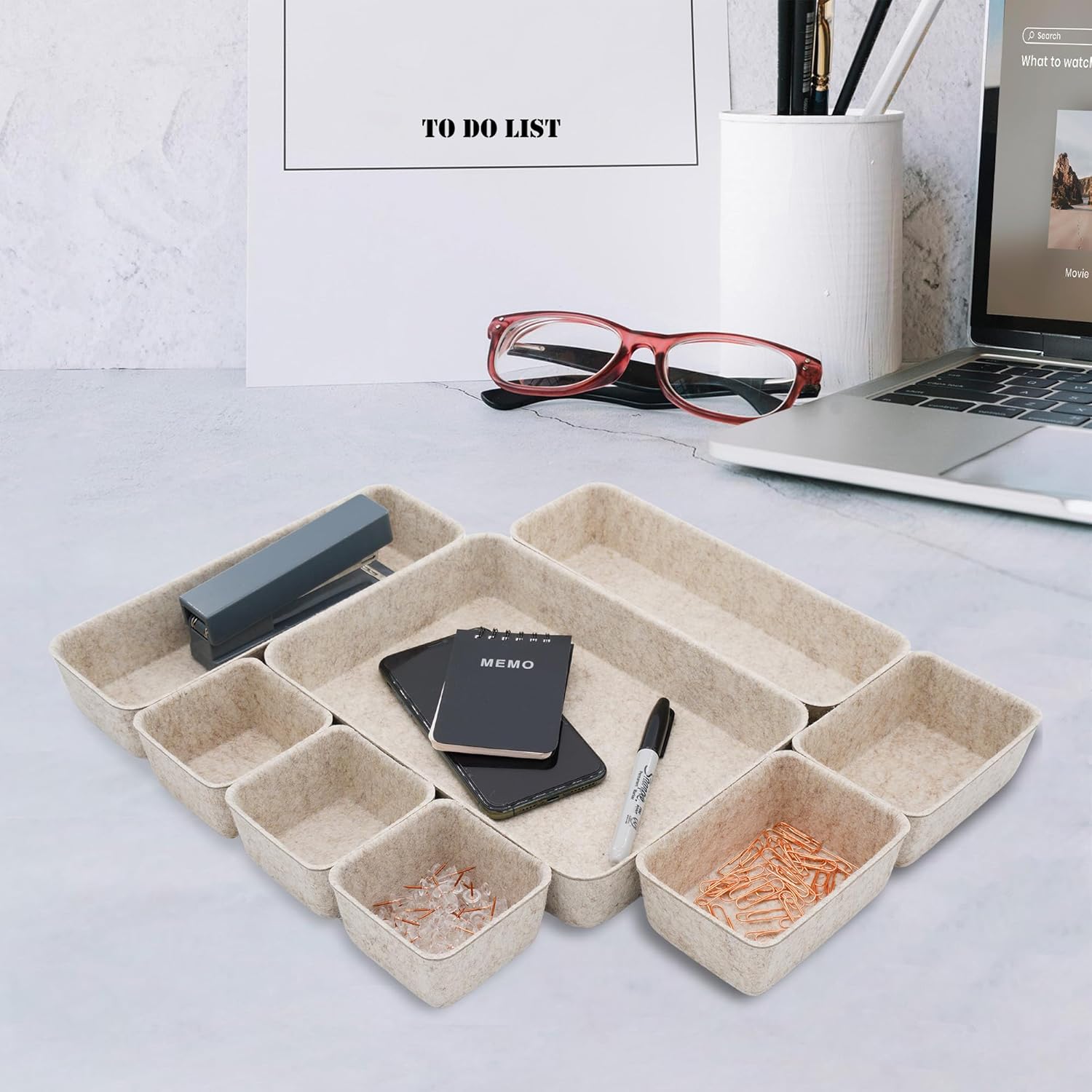 Welaxy 8-piece Nordic Beige desk drawer organizer tray office suppliers pens decluttering aesthetic wabi-sabi Scandinavian-chic storage bin hygge sleek minimalist gift solutions (Oatmeal)