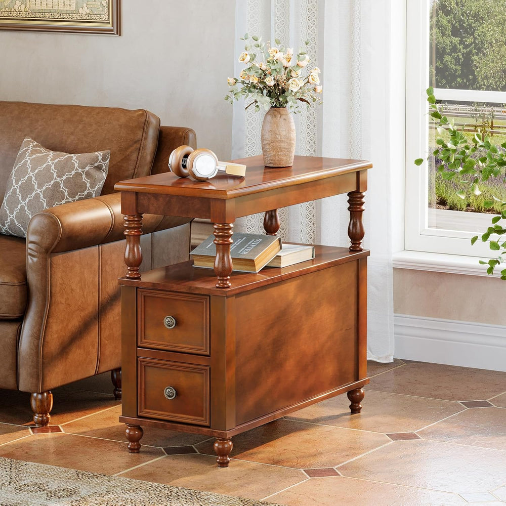 Tribesigns Cherry Finish Wood End Table with 2 Drawers, Mid-Century Wooden Sl...