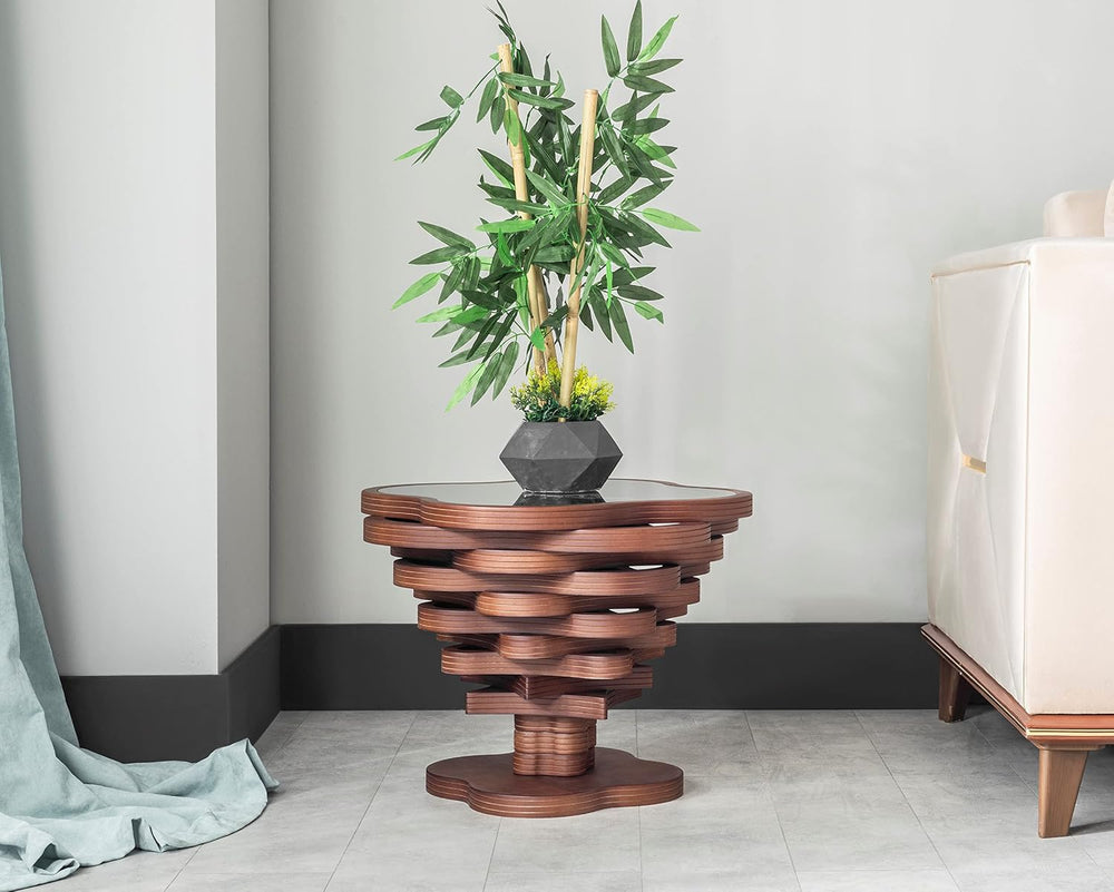 Cloud Side Modern Wood Side Table – Layered Cloud-Like Shape with Smoked Glas...