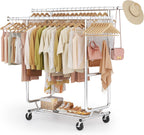 Heavy Duty Clothes Rack Load 620 Lbs, Double Rod Rolling Clothing Rack With Sturdy Wheel And Shelves，Adjustable Portable Hanging Rack For Clothes,Silver Stainless Steel