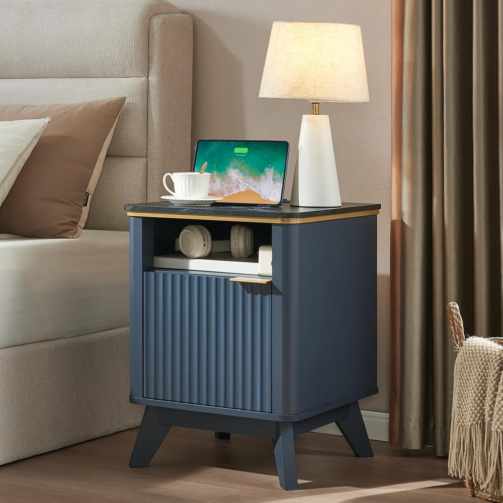 QUW Fluted Nightstands Set of 2 with Charging Station, 18" Modern Side T...