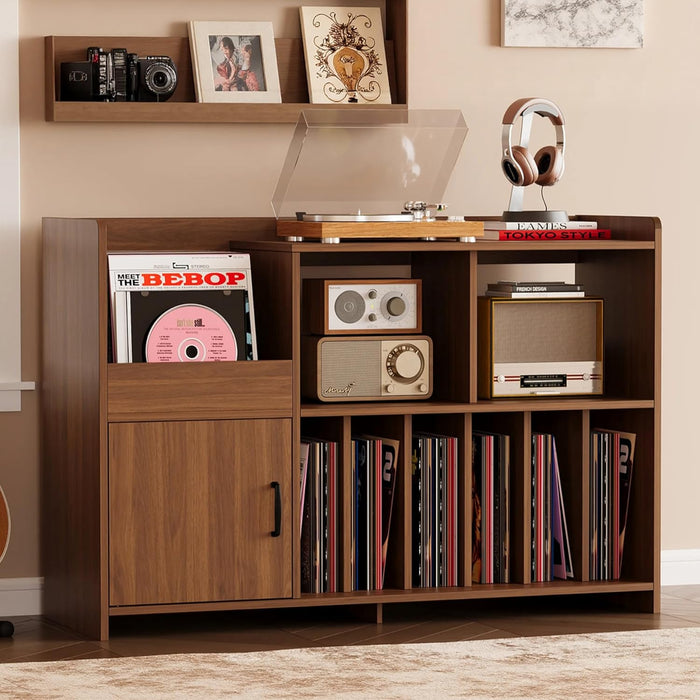 IRONCK 48" Mid-Century Modern Record Player Stand with Door, Walnut