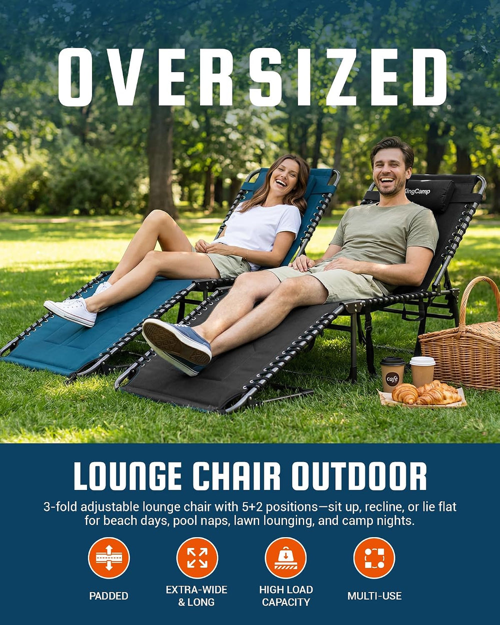 KingCamp Oversized Tanning Chair Padded Lounge Chair, Black | Extra-Wide Padd...