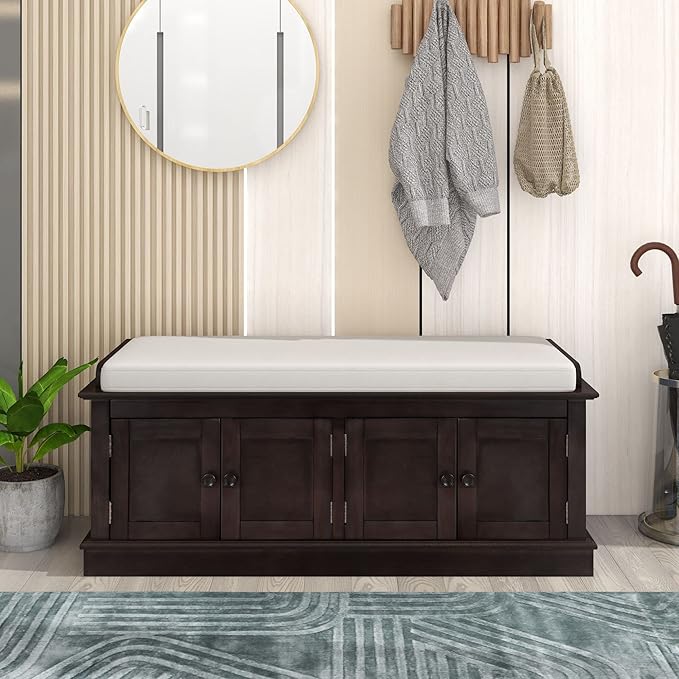 Vintage Hallway Storage Bench with 4 Doors and Adjustable Shelves,Entryway Shoe Rack W/Removable Cushion,for Living Room Bedroom Porch,Espresso,42″