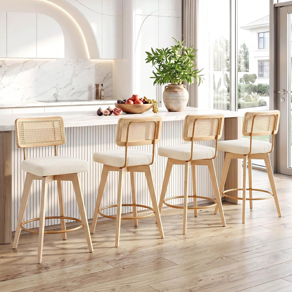 26" Swivel Boho Bar Stools Set of 2, Solid Wood, Rattan, Beige