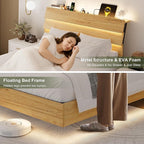 Feonase Floating Bed Frame Full with Led Lights and Charging Station, Wood Full Size Bed Frame with Storage Headboard, Heavy Duty Metal Slats, No Box Spring Needed, Easy Assembly,Oak