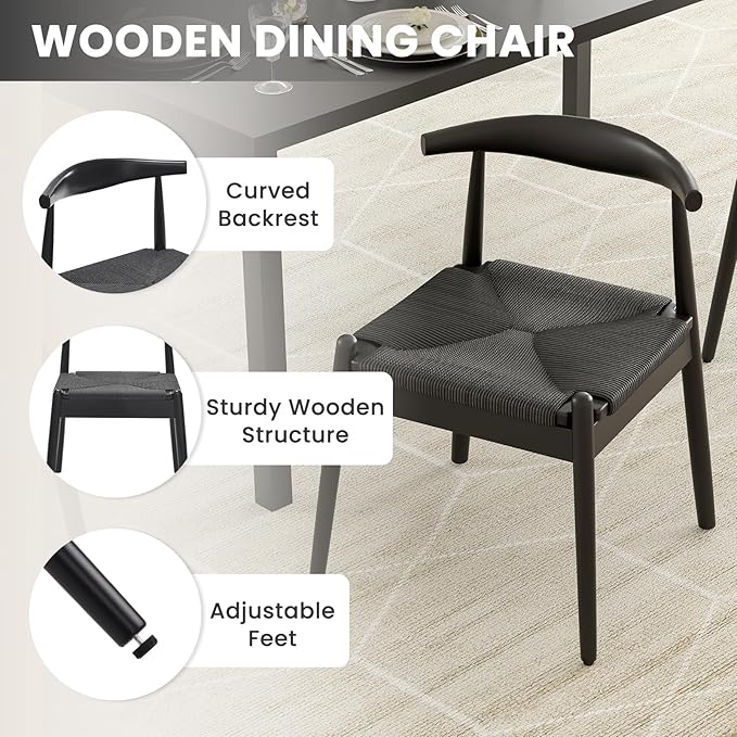 Farini Mid Century Modern Dining Chairs Set of 4, Solid Wood Frame Kitchen Chairs with Woven Upholstered Seat for Dining Room & Breakfast Nook,Black-Black