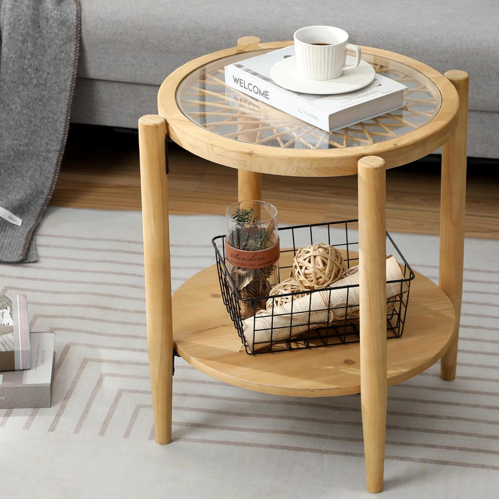 RUSTOWN Rattan Nightstands Set of 2,Boho Wood Round Side Tables, 2-Tier Natur...