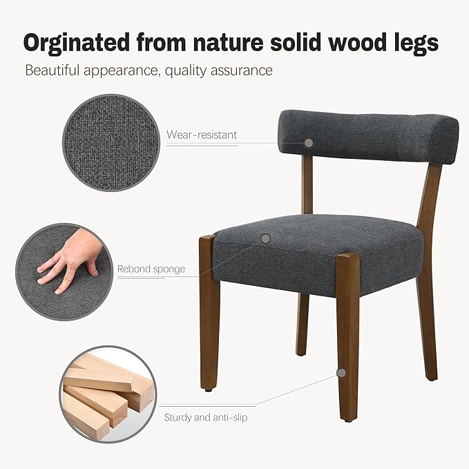 Modern Dining Chairs Set of 8, Walnut Upholstered Kitchen & Dining Room Chairs, Mid Century Wooden Dining Chairs Oversized Sturdy Fabric Rounded Chairs Curved Back, Dark Grey