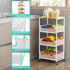 HapiRm Fruit Basket Kitchen Cart - 4-Tier Rolling Storage Cart with Wheels, Wood Top Utility Pantry Cart for Vegetables, Potatoes, Onions, Bread, Snacks