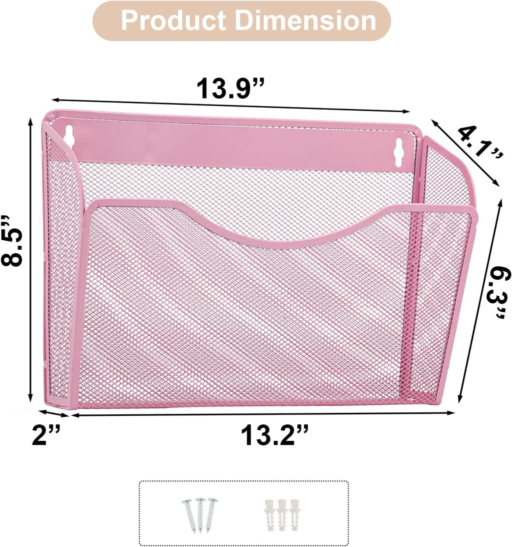 EASEPRES 3 Single Pocket Mesh Hanging File Organizer, Vertical Wall Mounted Magazine File Holder, Mount Basket Mail Paper Document Folder Organizing for Office, Home and School, Pink