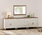 WAMPAT Farmhouse TV Stand for 100 Inch TV, 3-in-1 TV Console Table with 5 Drawers and 4 Doors, Entertainment Center, Kitchen Sideboard Buffet Cabinet for Dining Room, Rustic White