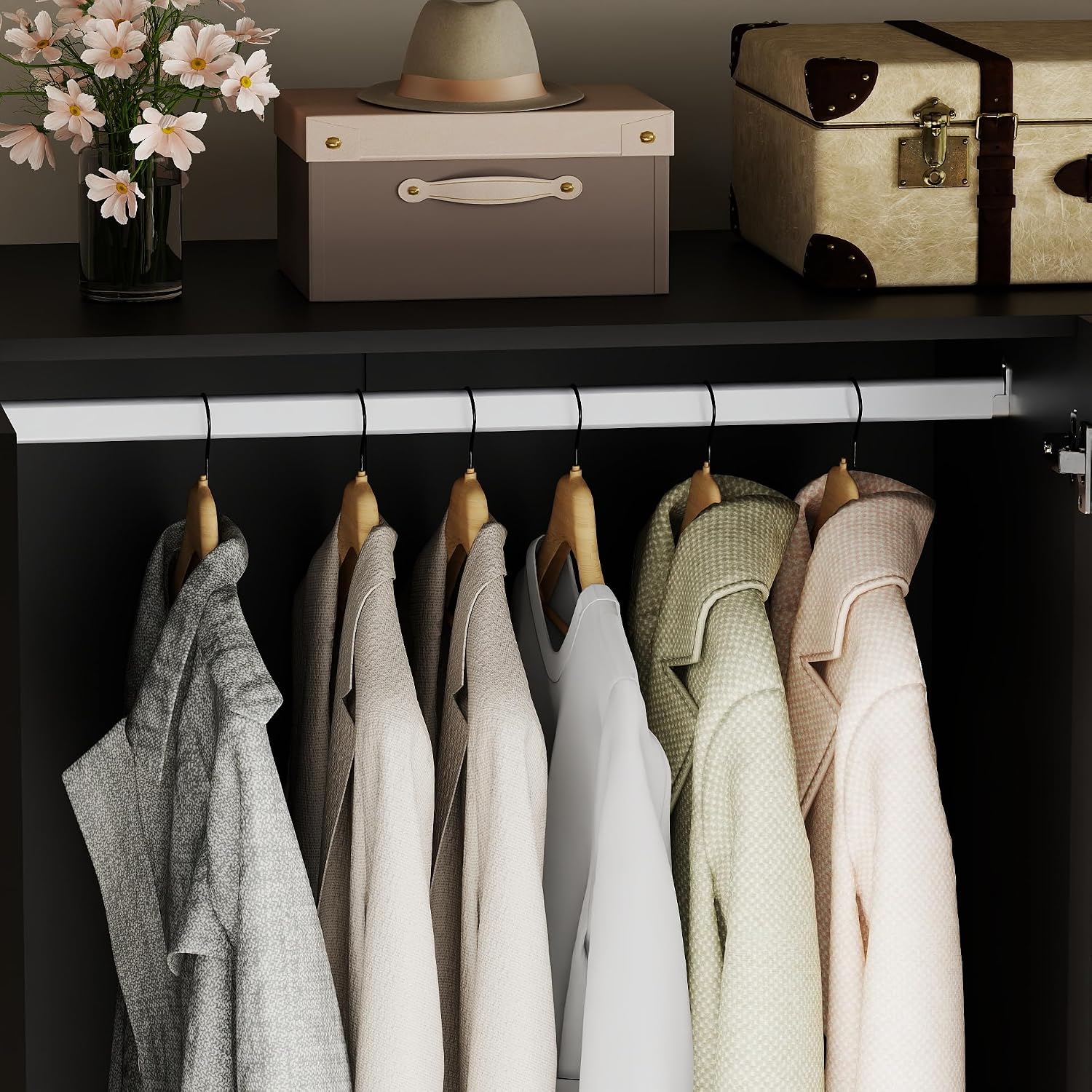 Armoire Wardrobe Closet with Doors: 74" Large Wardrobe Closet with 2 Drawers and 4 Doors, Modern Black Bedroom Armoires, Tall Closet Cabinet for Hanging Clothes (Black, 63")