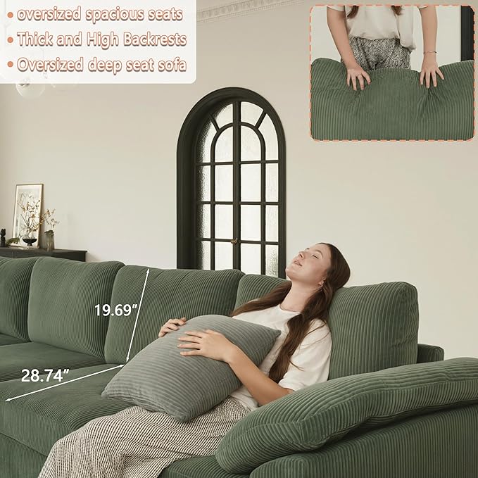 EASE MOOSE Sectional Modular Sofa,Comfty Oversized L Shape Sectional Couch Wide Deep Seat Modular Cloud Couch with Ottoman,Green